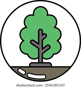 A tree is shown in a circle with a green leaf. The tree is surrounded by a dirt area