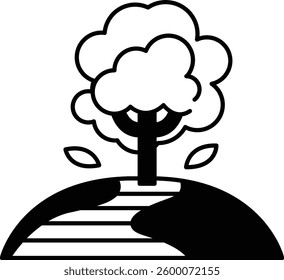 A tree is shown on a hill with a path leading to it