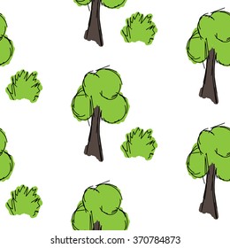Tree and shrub hand drawn is painted on a white background, seamless pattern