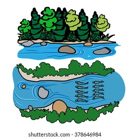 tree shrub lined graphic river with bolders in it with river flow lines with a swimming fish animation sequence in it as well 