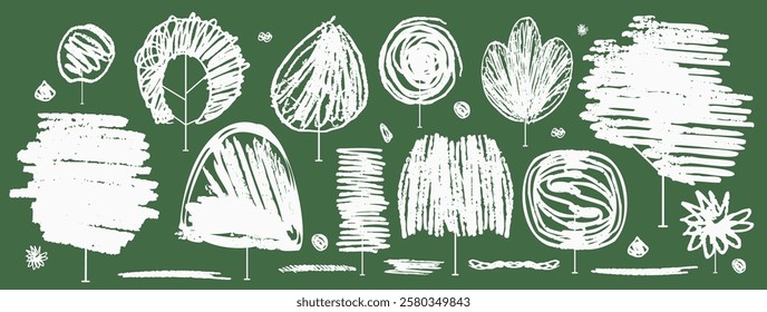 Tree and shrub silhouette simple vector illustration, chalk and crayon texture. Flat strokes abstract design, scribble, chalkboard effect, graphic, hand-drawn nature scene with scratch-like details