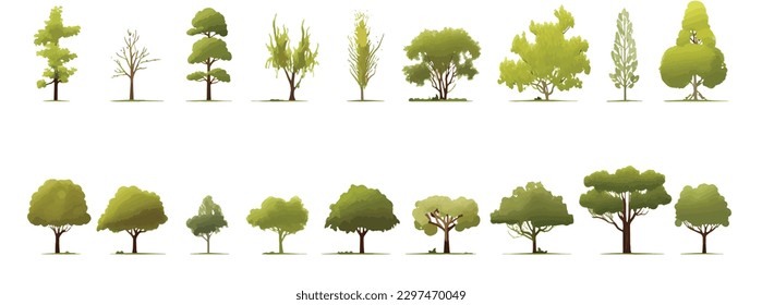 Árbol y arbustos planos en el estilo de acuarela minimalista en conjunto de estilo vectorial