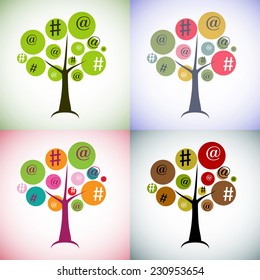 tree sign hashtags - the Internet, chat, social network concept. ecology, modern society, global natural and computers, man's dependence on gadgets. Tree in different colors.