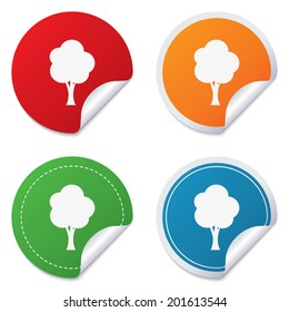 Tree sign icon. Forest symbol. Round stickers. Circle labels with shadows. Curved corner. Vector