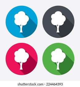 Tree sign icon. Forest symbol. Circle buttons with long shadow. 4 icons set. Vector