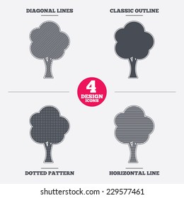 Tree sign icon. Forest symbol. Diagonal and horizontal lines, classic outline, dotted texture. Pattern design icons.  Vector