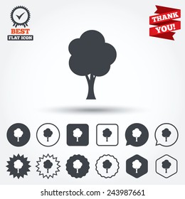 Tree sign icon. Forest symbol. Circle, star, speech bubble and square buttons. Award medal with check mark. Thank you. Vector