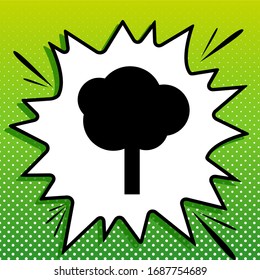 Tree sign illustration. Black Icon on white popart Splash at green background with white spots. Illustration.
