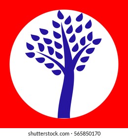 Tree sign illustration. Blue icon in white circle at red background. Colors of USA flag. Circumscribed circle. Circumcircle.