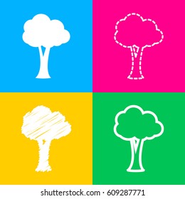 Tree sign illustration. Four styles of icon on four color squares.