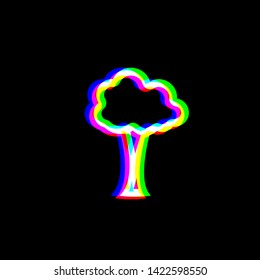 Tree sign illustration. Red, green and blue unfocused contour icon at black background. Illustration.