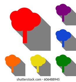 Tree sign illustration. Set of red, orange, yellow, green, blue and violet icons at white background with flat shadow.