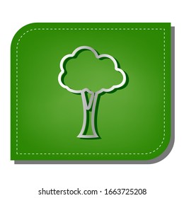 Ilustración de signo de árbol. Icono de línea de gradiente plateado con sombra verde oscuro en hoja verde con parches ecológicos. Ilustración.