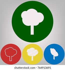 Tree sign illustration. Vector. 4 white styles of icon at 4 colored circles on light gray background.
