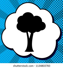Tree sign illustration. Vector. Black icon in bubble on blue pop-art background with rays.