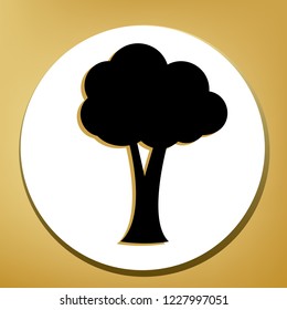 Tree sign illustration. Vector. Black icon with light brown shadow in white circle with shaped ring at golden background.