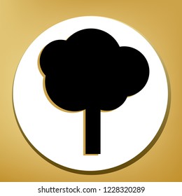Tree sign illustration. Vector. Black icon with light brown shadow in white circle with shaped ring at golden background.