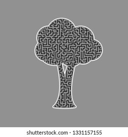 Tree sign illustration. Vector. Black maze filled icon with white border at gray background.