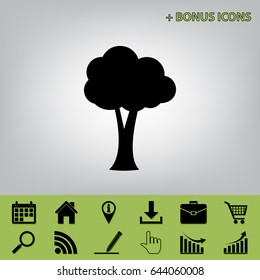 Tree sign illustration. Vector. Black icon at gray background with bonus icons