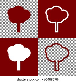 Tree sign illustration. Vector. Bordo and white icons and line icons on chess board with transparent background.