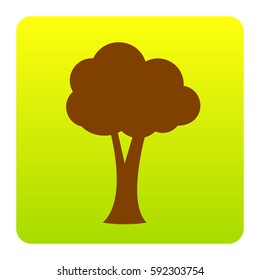 Tree sign illustration. Vector. Brown icon at green-yellow gradient square with rounded corners on white background. Isolated.