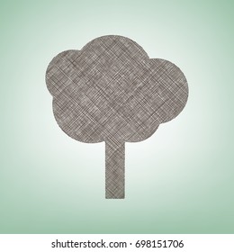 Tree sign illustration. Vector. Brown flax icon on green background with light spot at the center.