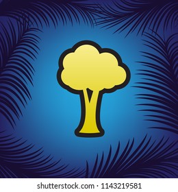 Tree sign illustration. Vector. Golden icon with black contour at blue background with branches of palm trees.
