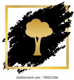 Tree sign illustration. Vector. Golden icon at black spot inside golden frame on white background.