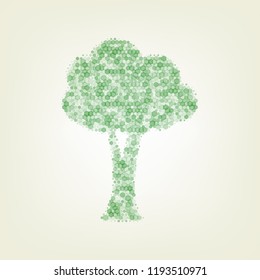 Tree sign illustration. Vector. Green hexagon rastered icon and noised opacity and size at light green background with central light.