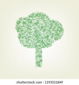 Tree sign illustration. Vector. Green hexagon rastered icon and noised opacity and size at light green background with central light.