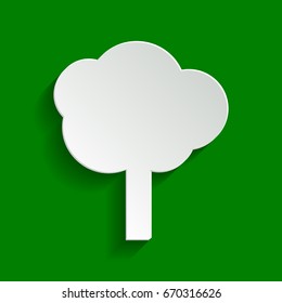 Tree sign illustration. Vector. Paper whitish icon with soft shadow on green background.