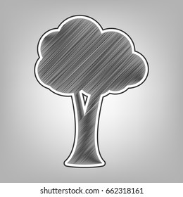 Tree sign illustration. Vector. Pencil sketch imitation. Dark gray scribble icon with dark gray outer contour at gray background.