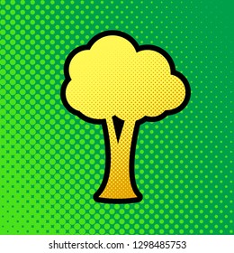 Tree sign illustration. Vector. Pop art orange to yellow dots-gradient icon with black contour at greenish background.