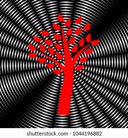 Tree sign illustration. Vector. Red icon on white and black radial interference as background.