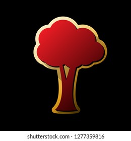Tree sign illustration. Vector. Red icon with small black and limitless shadows at golden sticker on black background.