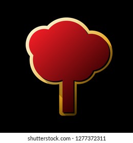 Tree sign illustration. Vector. Red icon with small black and limitless shadows at golden sticker on black background.