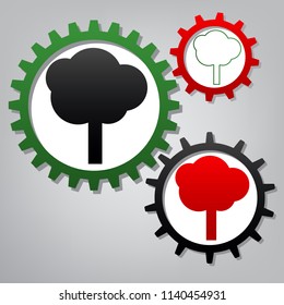 Tree sign illustration. Vector. Three connected gears with icons at grayish background.