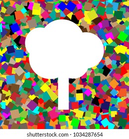 Tree sign illustration. Vector. White icon on colorful background with seamless pattern from squares.