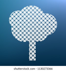 Tree sign illustration. Vector. White textured icon at lapis lazuli gradient background.