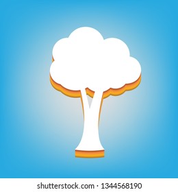 Tree sign illustration. Vector. White icon with 3d warm-colored gradient body at sky blue background.