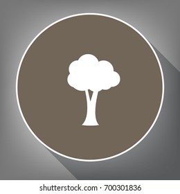 Tree sign illustration. Vector. White icon on brown circle with white contour and long shadow at gray background. Like top view on postament.