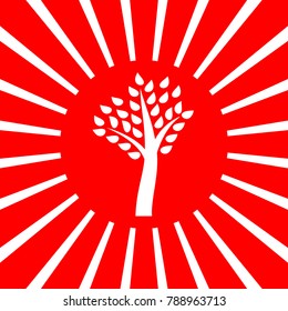Tree sign illustration. Vector. White icon on red sun with rays as background. Isolated.