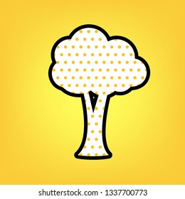 Tree sign illustration. Vector. Yellow polka dot white icon with black contour at warm yellow background.