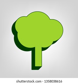 Tree sign illustration. Vector. Yellow green solid icon with dark green external body at light colored background.