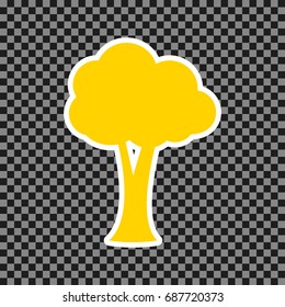 Tree sign illustration. Vector. Yellow icon with white contour on dark transparent background.