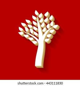 Tree sign illustration. White button icon with wood color and shadow on dark red background.