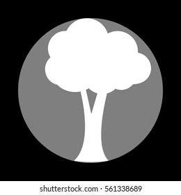 Tree sign illustration. White icon in gray circle at black background. Circumscribed circle. Circumcircle.