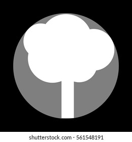 Tree sign illustration. White icon in gray circle at black background. Circumscribed circle. Circumcircle.
