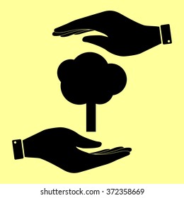 Tree sign. Save or protect symbol by hands.