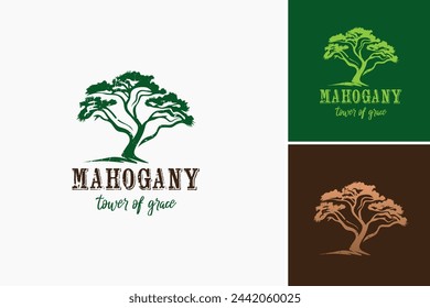 a tree with a sign saying mahogany tower of grace logo design template. Perfect for nature themed designs or promoting eco friendly initiatives.